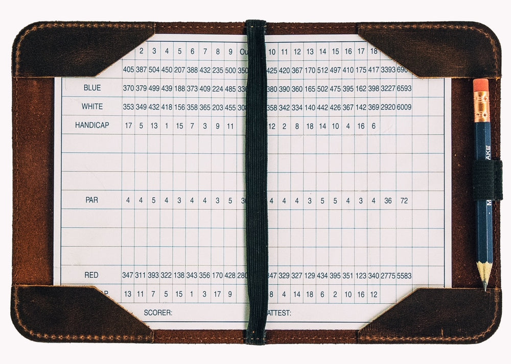 Leather Minimalist Golf Scorecard Holder in Vintage Bourbon - Bluegrass Fairway