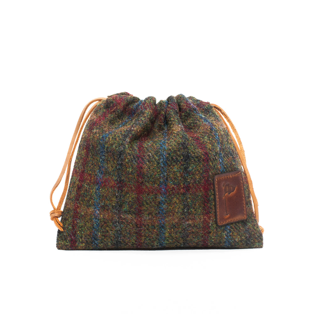 Harris Tweed Golf Drawstring Valuables Pouch in Olive Check