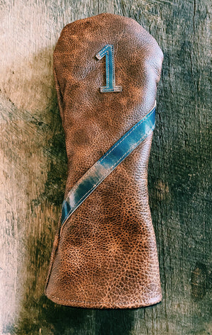 Single Barrel collection leather golf Headcover in  Saddle Tan /  Blue Marbled Shell Cordovan