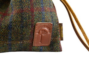 Harris Tweed Golf Drawstring Valuables Pouch in Olive Check