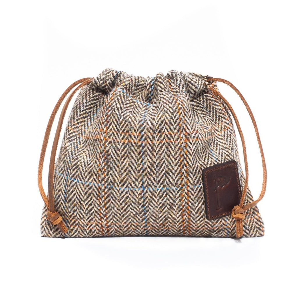 Harris Tweed Golf Drawstring Valuables Pouch in Herringbone Brown