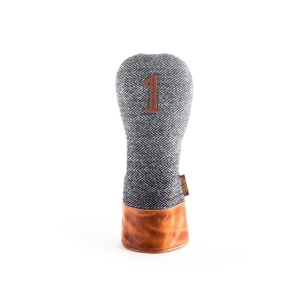 Americana Edition Harris Tweed and  leather golf Headcover in black and white Herringbone Driver