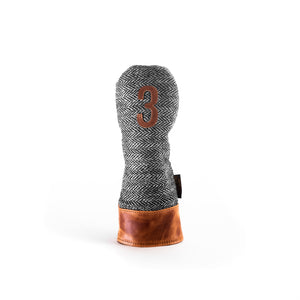 
            
                Load image into Gallery viewer, Americana Edition Harris Tweed and  leather golf Headcover in black and white Herringbone 3 wood
            
        