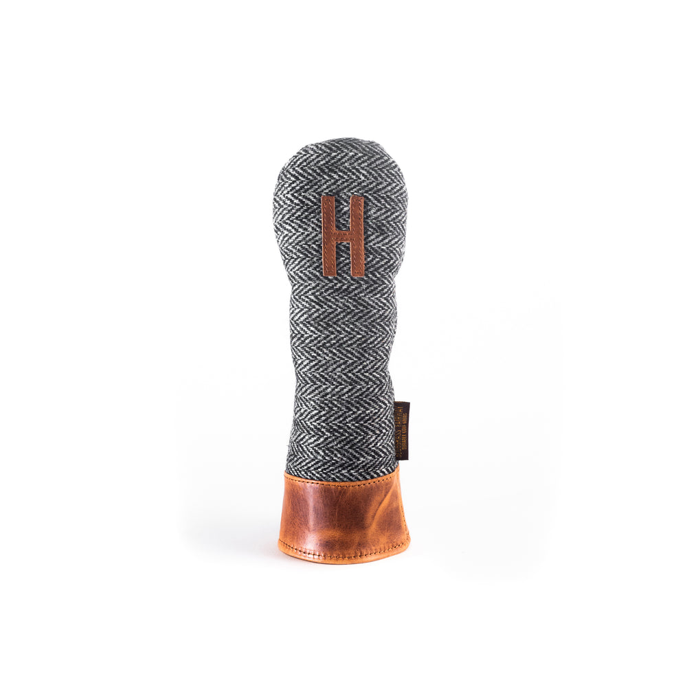 Americana Edition Harris Tweed and  leather golf Headcover in black and white Herringbone Hybrid