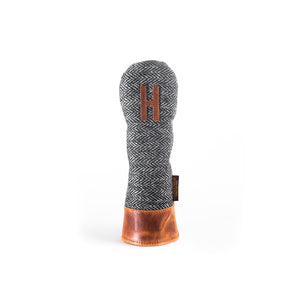 
            
                Load image into Gallery viewer, Americana Edition Harris Tweed and  leather golf Headcover in black and white Herringbone Hybrid
            
        