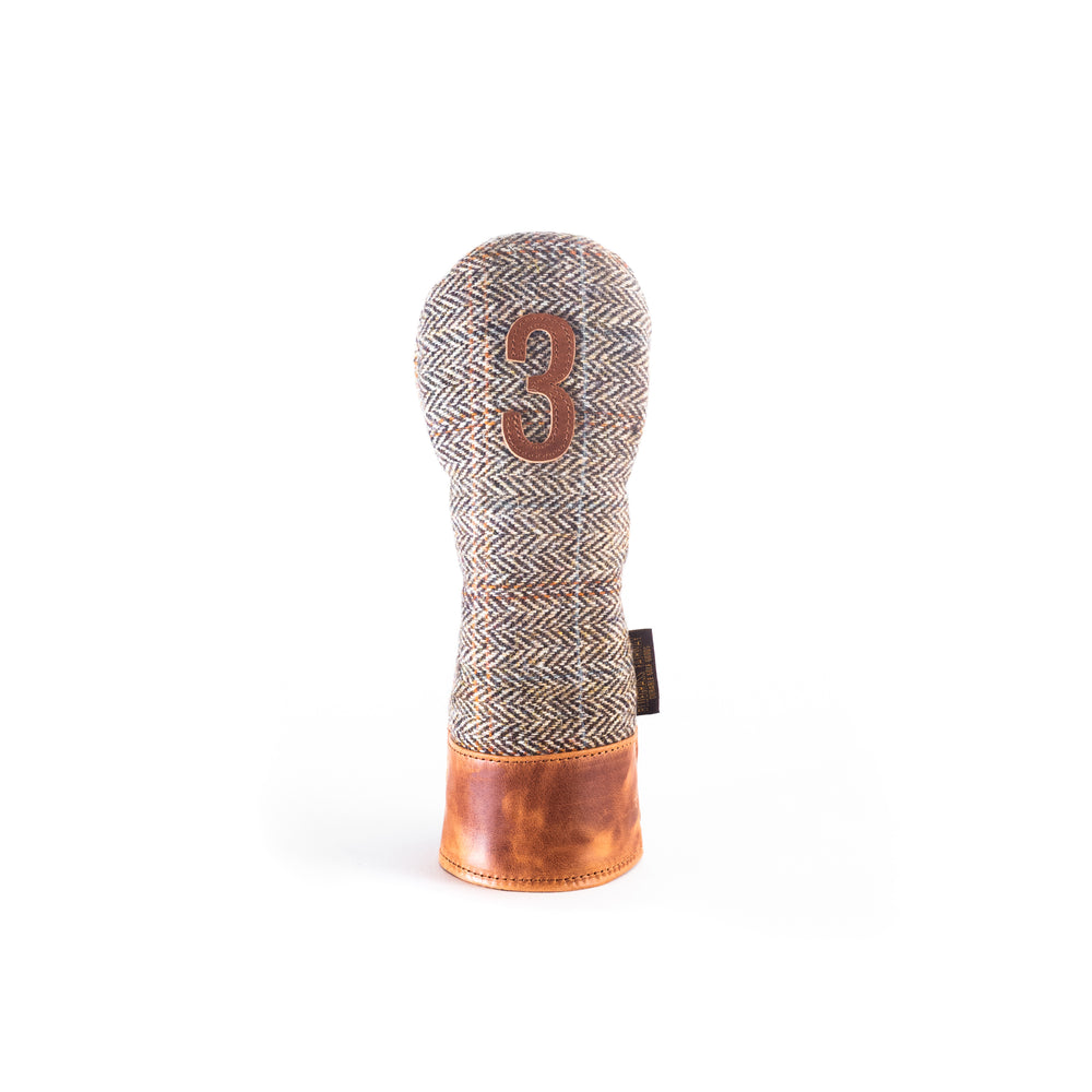 Americana Edition Harris Tweed and  leather golf Headcover in brown Herringbone 3 wood