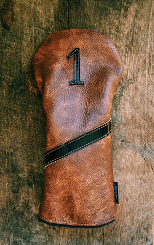 Single Barrel collection leather golf Headcover in  Saddle Tan / Shell Cordovan Black