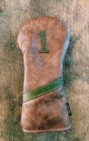 
            
                Load image into Gallery viewer, Single Barrel collection leather golf Headcover in  Saddle Tan / Pueblo Olive
            
        