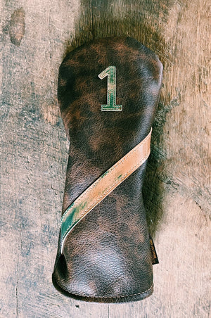 
            
                Load image into Gallery viewer, Single Barrel collection leather golf Headcover in  Cigar  /  Green Marbled Shell Cordovan
            
        
