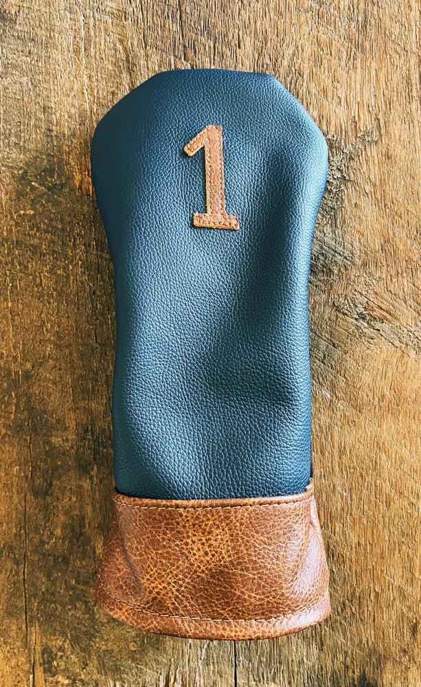 
            
                Load image into Gallery viewer, Single Barrel collection leather golf Headcover in Italian Navy calf/ Vintage Saddle Tan appointments
            
        