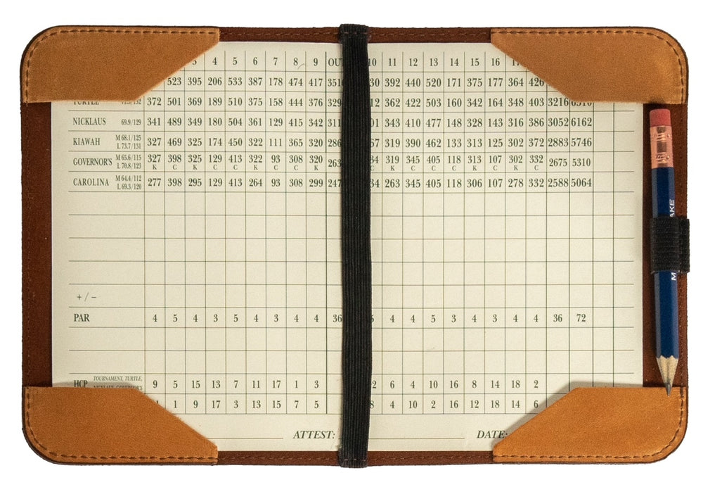Leather Minimalist Golf Scorecard Holder in Tobacco Tan - Bluegrass Fairway
