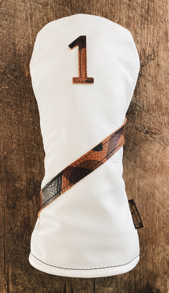Single Barrel collection leather golf Headcover in Alpine White / La Perla Azzurra Camo