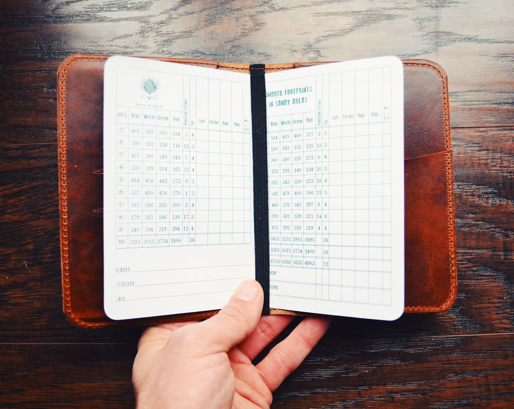 The Crenshaw Scorecard Holder / Field notes wallet in Horween Chestnut leather - Bluegrass Fairway